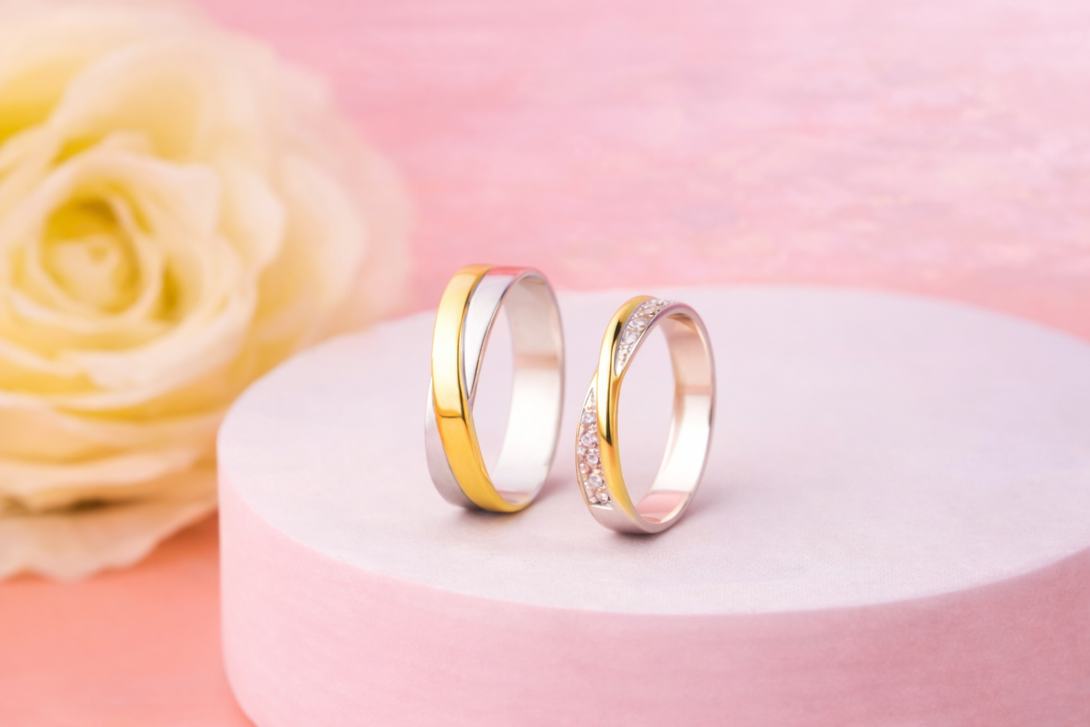 Two bespoke gold and platinum wedding rings displayed on a soft pink pedestal with a romantic rose background, showcasing Les Alajeras’ custom bridal craftsmanship.